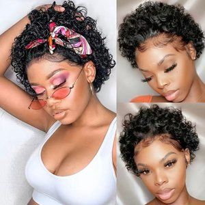 Natural Black Remy Brazilian Curly Pixie Cut Wig